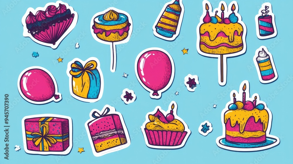 Colorful cartoon birthday stickers with funky 90s designs, including balloons, gifts, and cake. Ideal for retro celebration labels and festive party decorations. Colorful cartoon birthday stickers with funky 90s designs, including balloons, gifts, and cake. Ideal for retro celebration labels and festive party decorations.