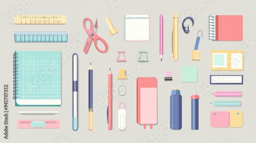 Colorful and cute stationery set in a flat design, with items like a notebook, pen, pencil, ruler, paper clip, sticky notes, push pin, highlighter, glue, eraser, and scissors arranged neatly.