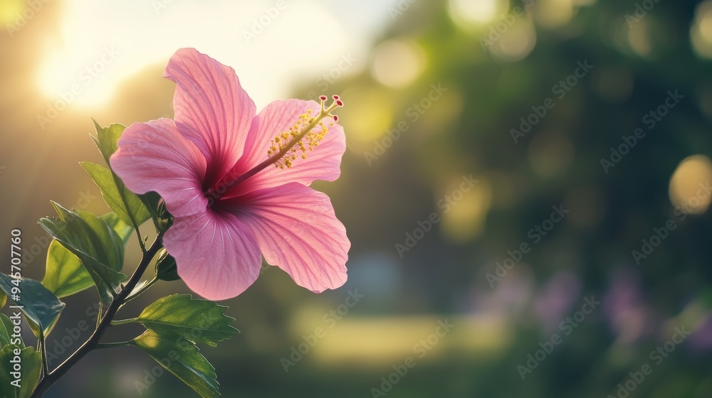Beautiful pink hibiscus flower and plant in focus, with a blurred natural background. Beautiful pink hibiscus flower and plant in focus, with a blurred natural background.