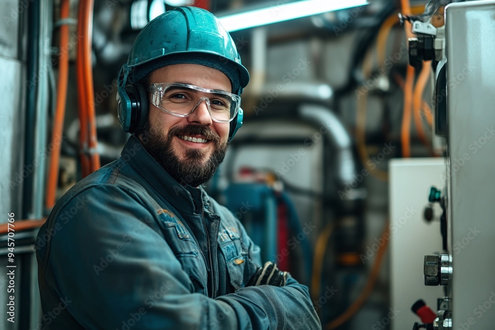 The technician is smiling in the factory. The technician is smiling in the factory.