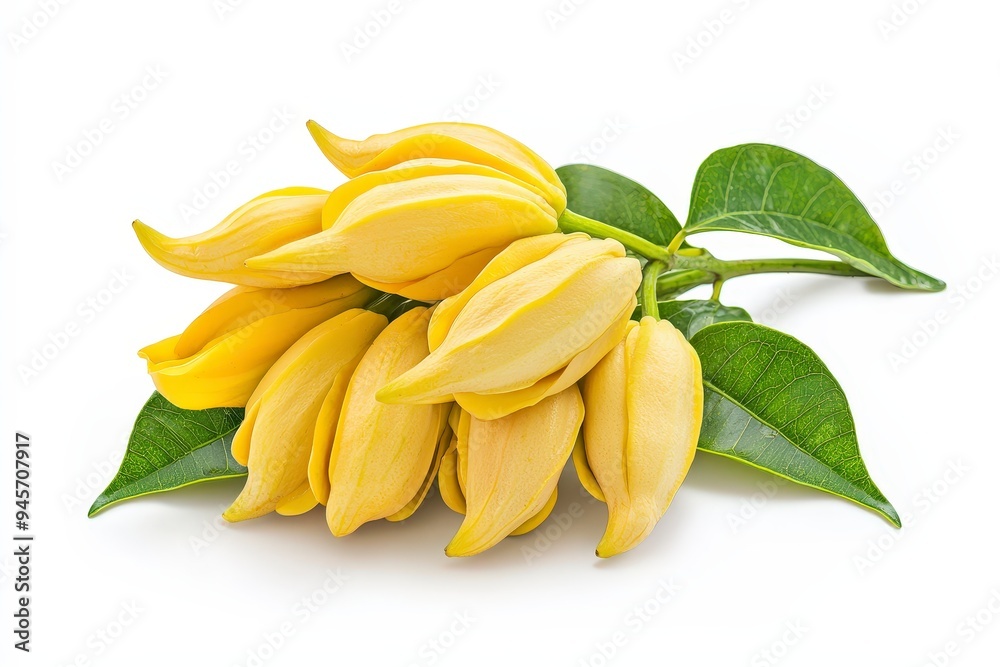 Fototapeta premium A cluster of yellow flowers with green leaves on a white background.