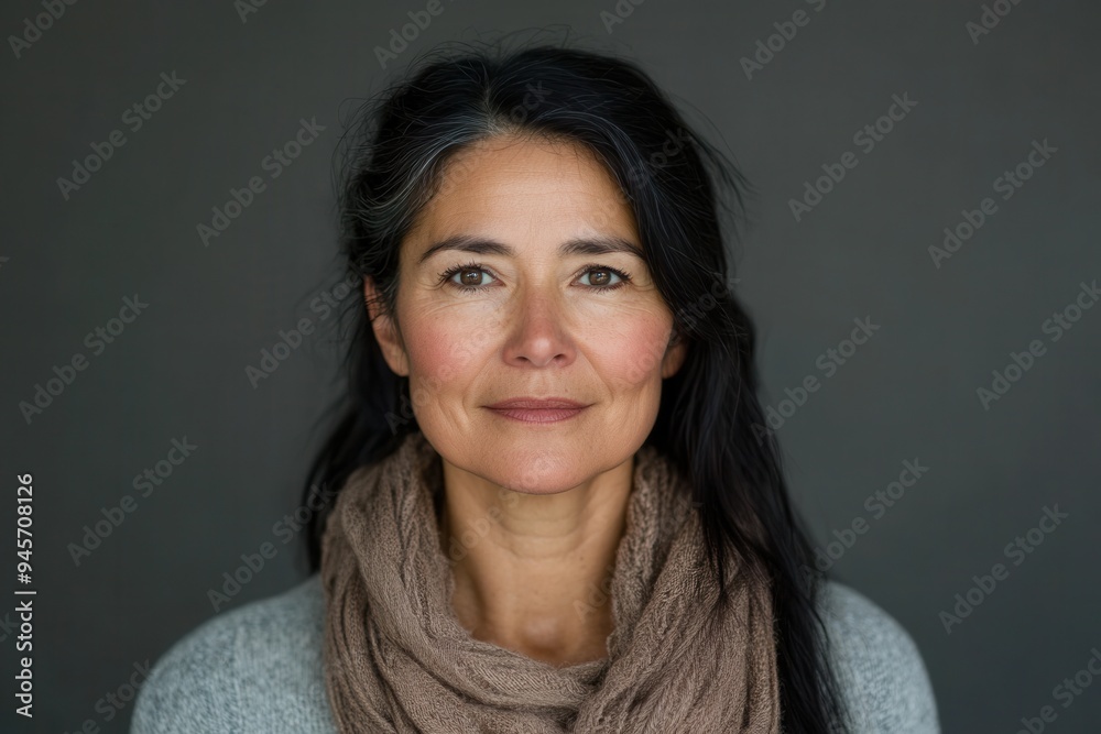 Obraz premium A woman with long dark hair and a friendly expression stands confidently against a dark background, wearing a warm sweater and scarf for comfort. Generative AI