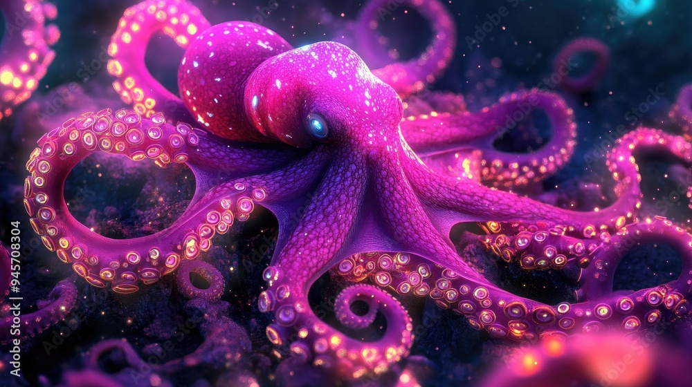 Digital artwork of a surreal pink octopus with luminous tentacles. The glowing details and vibrant colors make for a visually captivating and imaginative scene. Digital artwork of a surreal pink octopus with luminous tentacles. The glowing details and vibrant colors make for a visually captivating and imaginative scene.