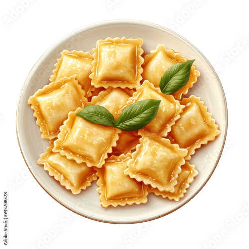 Delicious cheese ravioli garnished with fresh basil leaves served on a white plate. Perfect for Italian cuisine lovers.