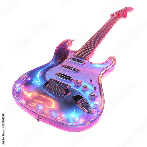 A vibrant, colorful electric guitar with a shimmering finish, perfect for music, art, and creative projects.