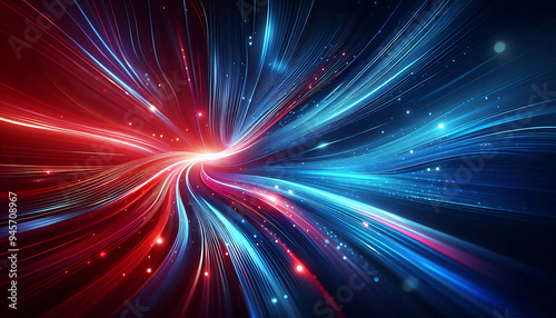 Abstract digital artwork featuring vibrant blue and red light trails swirling against a dark background with glowing dots that add depth and dimension to the design