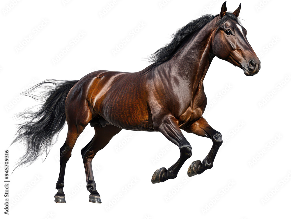 Obraz premium A majestic brown horse galloping gracefully, showcasing strength and elegance in motion against a clear background.