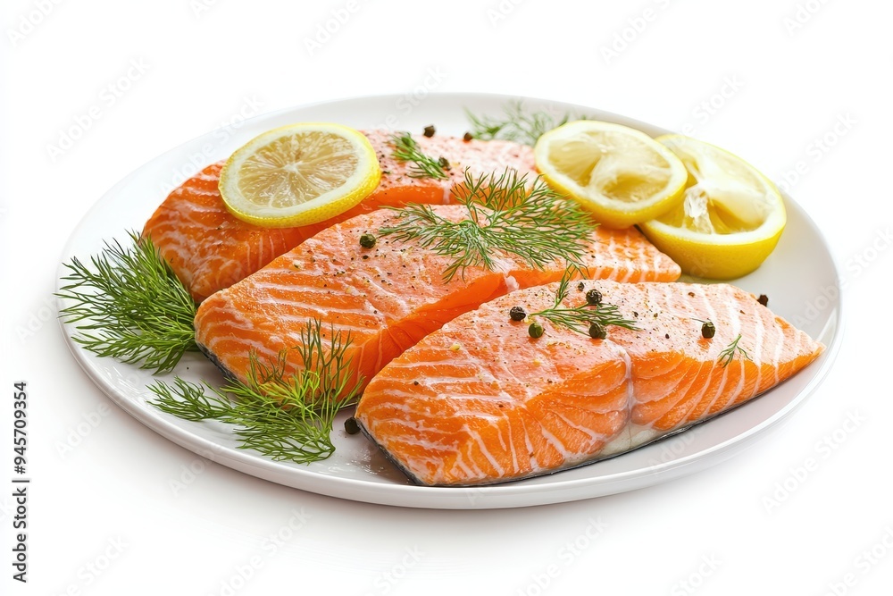A plate of fresh salmon fillets garnished with lemon slices and dill. A plate of fresh salmon fillets garnished with lemon slices and dill.