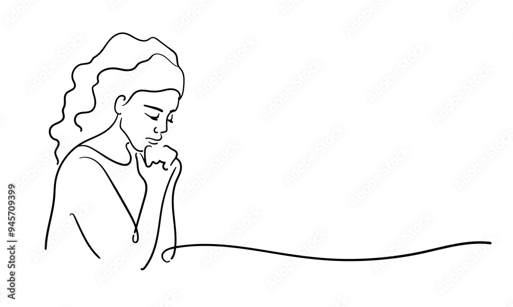 Girl praying with folded hands continuous line art drawing isolated on white background. Christian. Vector illustration Girl praying with folded hands continuous line art drawing isolated on white background. Christian. Vector illustration