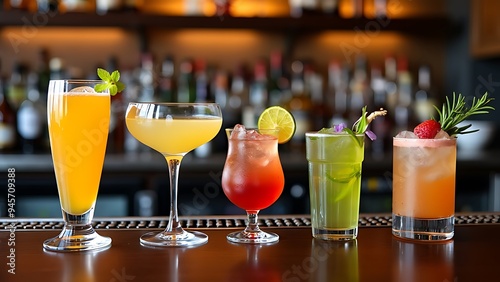 Five cocktails on the bar counter photo