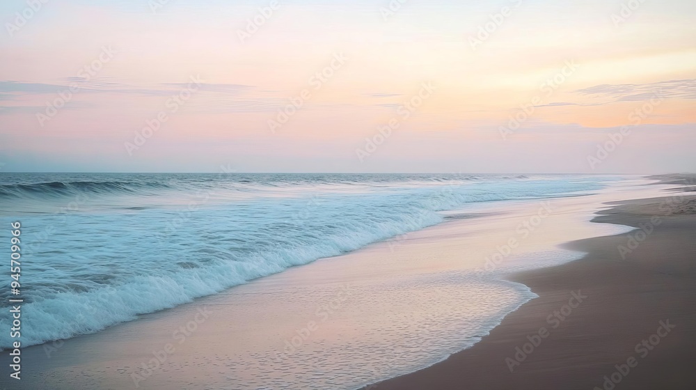 Obraz premium A quiet beach at dawn with gentle waves and a soft, pastel sky Morning Monday, Serene Coastline