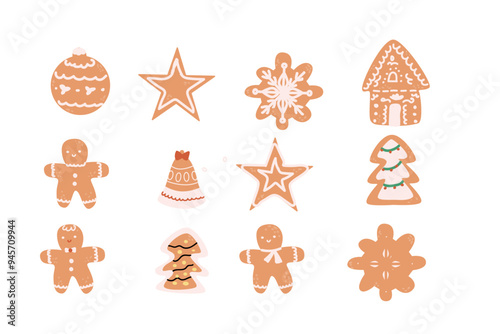 Gingerbread cookies set for christmas holiday. Ginger xmas decoration cookie collection in flat style. Hand drawn vector illustration of pastry bakery. Happy holiday elements set.