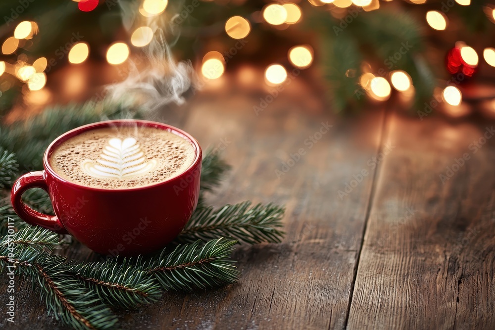 Steaming Hot Coffee in Red Mug with Pine Cones and Festive Lights Steaming Hot Coffee in Red Mug with Pine Cones and Festive Lights