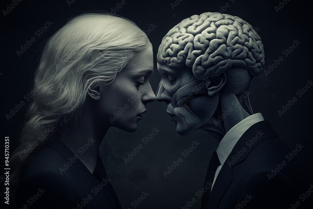 Monochrome portrait of two individuals with exposed brains symbolizing the intellectual tension and emotional depth in a minimalist conceptual design Monochrome portrait of two individuals with exposed brains symbolizing the intellectual tension and emotional depth in a minimalist conceptual design