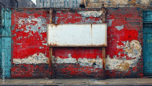 A brick wall with an empty white sign on it, in the background is an old building with peeling paint and weathered bricks, giving off an urban feel. 