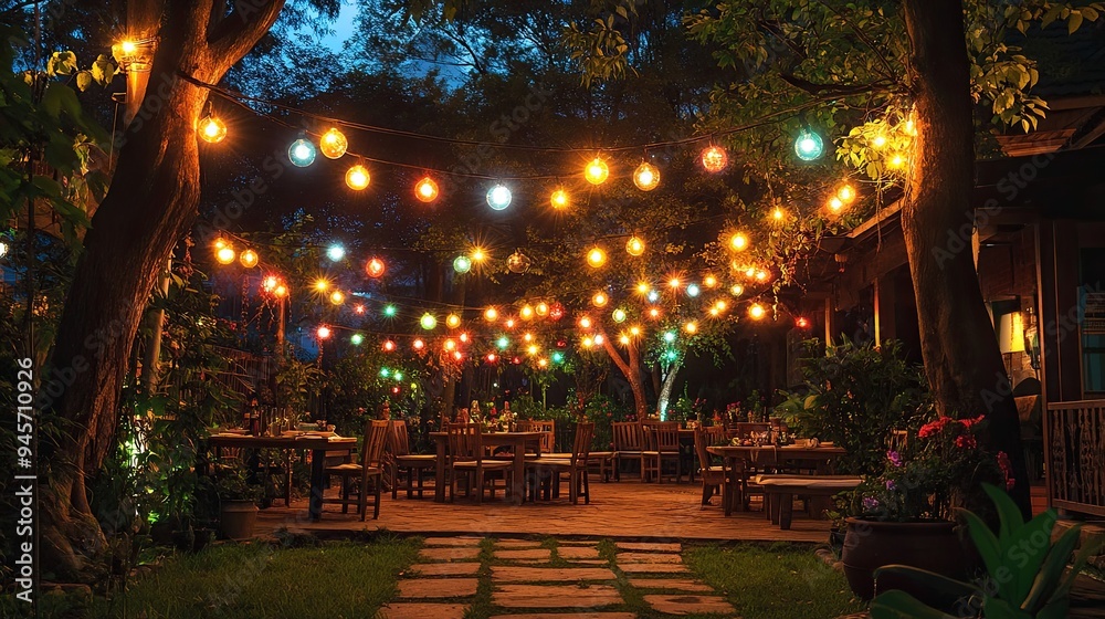 A garden party at night with RGB fairy lights strung among the trees, casting a soft, colorful glow that enhances the festive mood and ambiance A garden party at night with RGB fairy lights strung among the trees, casting a soft, colorful glow that enhances the festive mood and ambiance