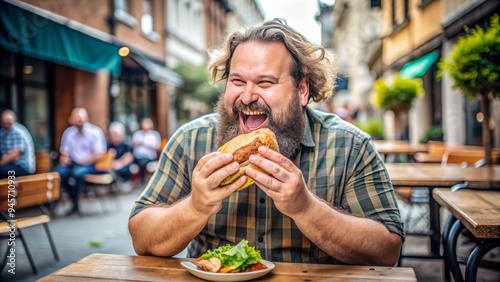 A jovial, overweight gentleman with a bushy beard indulges in a massive sandwich, taking a big bite with a satisfied expression at an outdoor cafe. photo