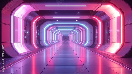 A sci-fi corridor with RGB strip lights along the floor and ceiling  creating a futuristic atmosphere as the colors pulse and shift in patterns