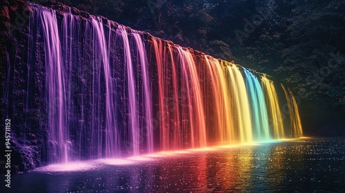 A long exposure photograph of a waterfall at night, illuminated by RGB lights, the water glowing in cascading shades of red, green, and blue