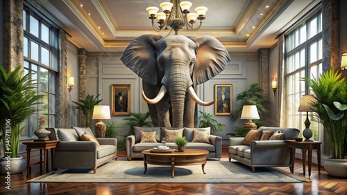 A large, majestic elephant stands prominently in a modern, upscale living room, awkwardly surrounded by elegant furniture and decor, symbolizing an unaddressed issue.