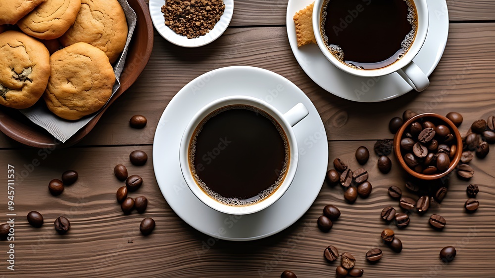 Top view of cups of coffee, coffee beans, cookies and spices on table Top view of cups of coffee, coffee beans, cookies and spices on table