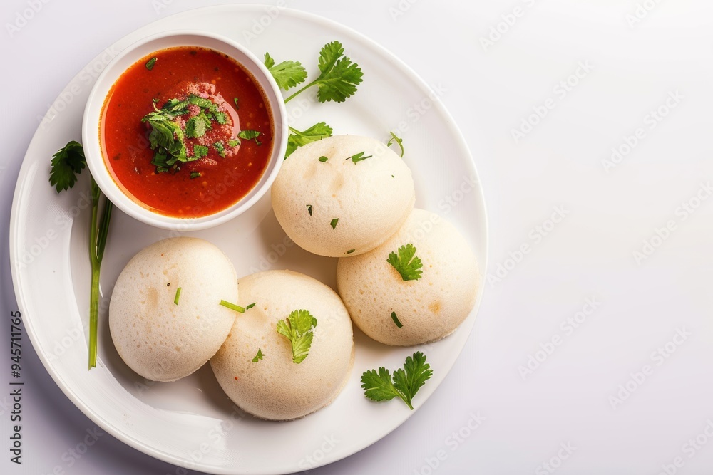 A plate of idlis served with tomato chutney and garnished with coriander, placed on a clean white background.South Indian food.Indian idly or idli.Sambar coconut chutney. A plate of idlis served with tomato chutney and garnished with coriander, placed on a clean white background.South Indian food.Indian idly or idli.Sambar coconut chutney.