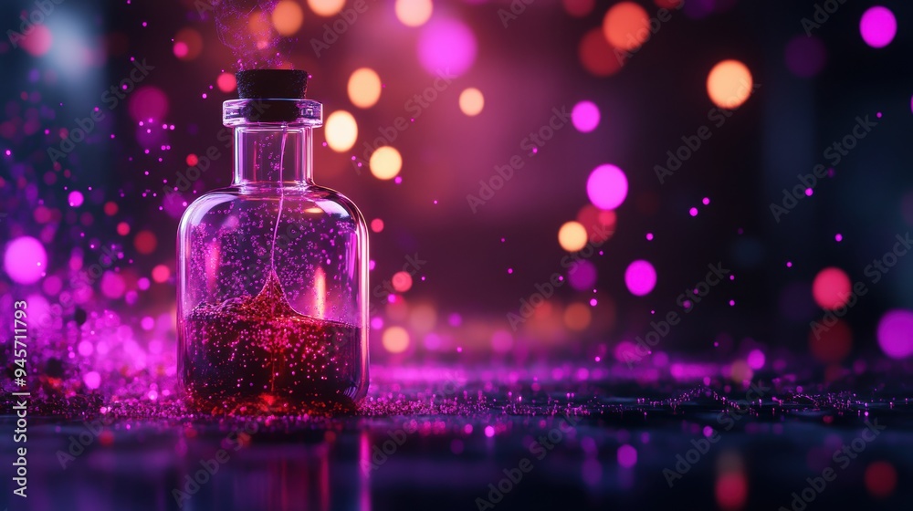 Enchanted Potion Bottle with Sparkling Liquid in Glowing Fairy Tale Ambiance Enchanted Potion Bottle with Sparkling Liquid in Glowing Fairy Tale Ambiance