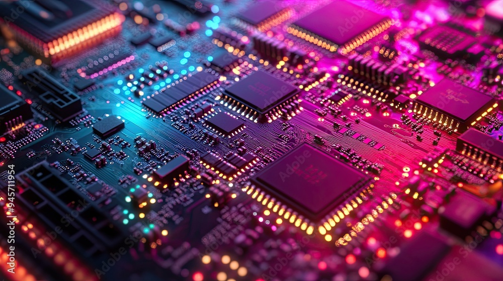 A close-up shot of a digital circuit board under RGB lighting, each component casting a colorful glow, highlighting the intricate design and complexity A close-up shot of a digital circuit board under RGB lighting, each component casting a colorful glow, highlighting the intricate design and complexity