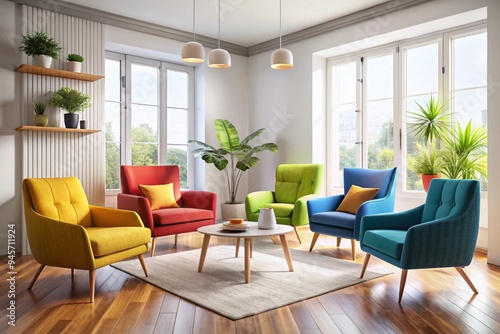 Minimalist interior design of modern living room with vibrant colorful multicolored armchairs. photo