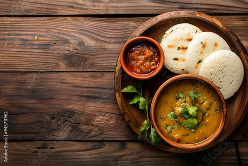 South Indian food.Indian idly or idli.Sambar coconut chutney.A nutritious meal of idlis with a variety of chutneys and a bowl of sambar, styled on a wooden table with ample copy space