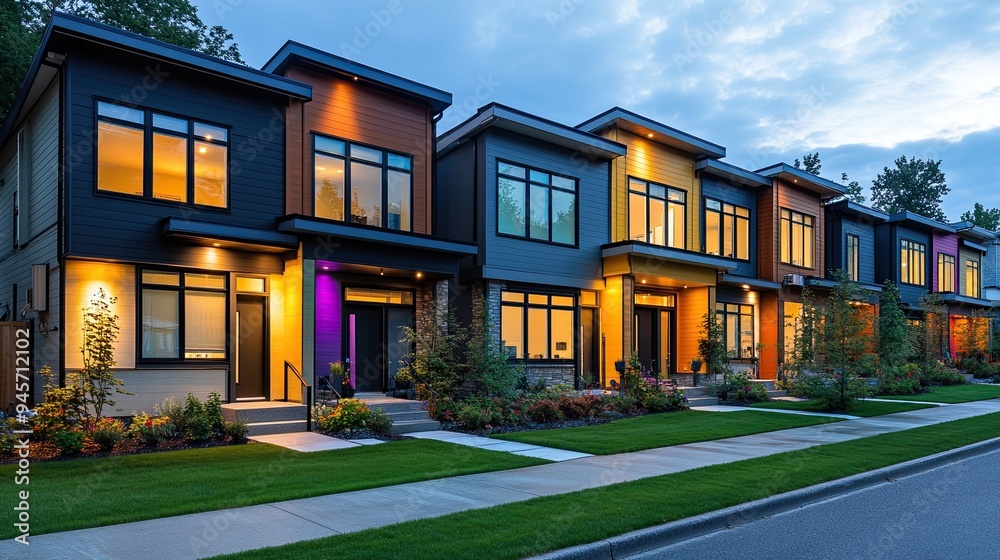 A row of modern townhouses with RGB accent lighting on their facades, creating a neighborhood scene that comes alive with color as night falls A row of modern townhouses with RGB accent lighting on their facades, creating a neighborhood scene that comes alive with color as night falls