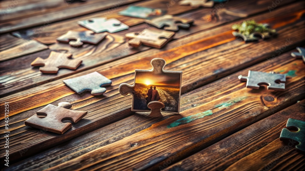 A lone jigsaw puzzle piece lies on a worn, wooden table surrounded by incomplete pictures, symbolizing feelings of incompleteness and longing for wholeness. A lone jigsaw puzzle piece lies on a worn, wooden table surrounded by incomplete pictures, symbolizing feelings of incompleteness and longing for wholeness.