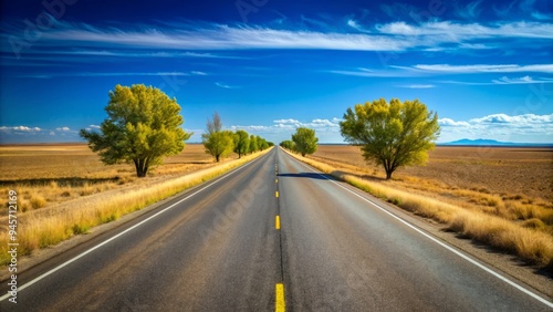 A long, straight, and empty highway stretches into the distance, lined with sparse trees and vast open fields under a clear blue sky.