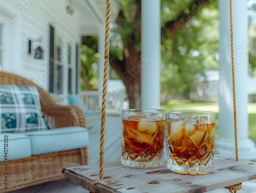 Relaxing afternoon on a porch swing, enjoying iced tea, captured in raw style photography. photo