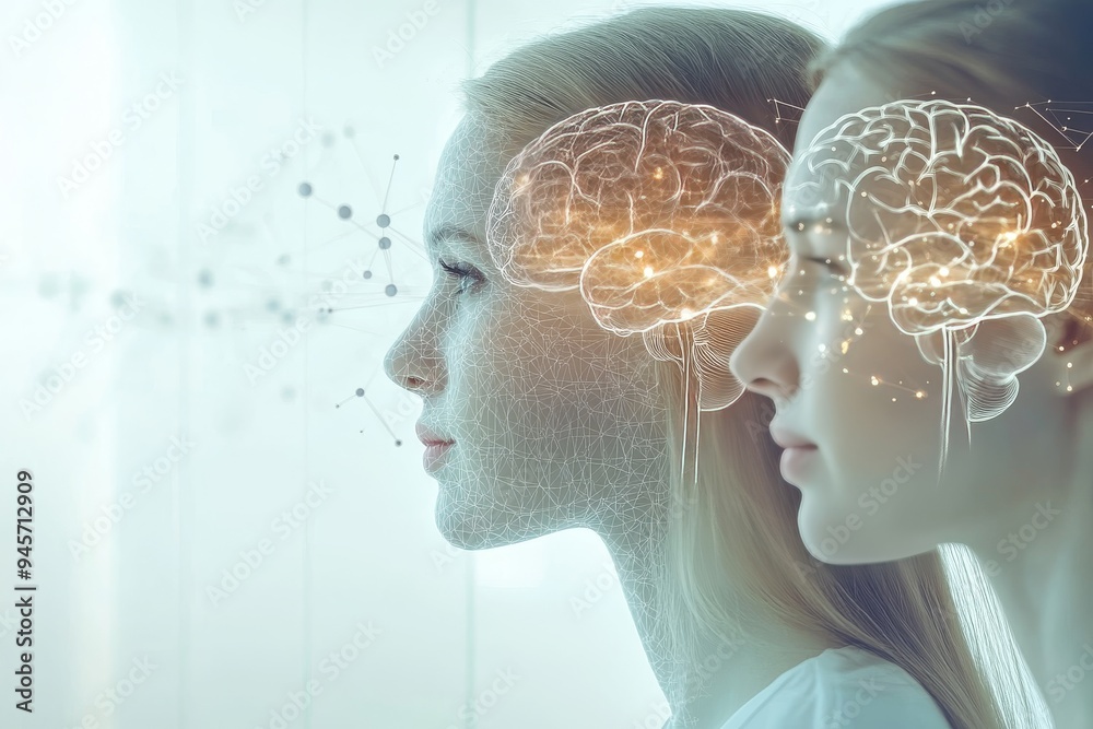 Digital artwork of two women with glowing brains symbolizing the intellectual and emotional connection shared in a bright minimalist setting Digital artwork of two women with glowing brains symbolizing the intellectual and emotional connection shared in a bright minimalist setting