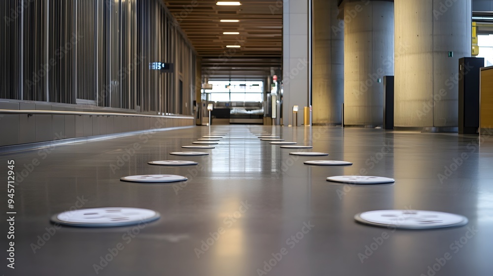 Obraz premium Airport Terminal Hallway with Social Distancing Floor Markers