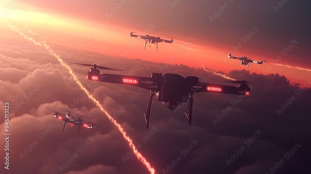 Naklejka premium Anti Drone Defense System Tracking Multiple Aerial Targets at Sunset
