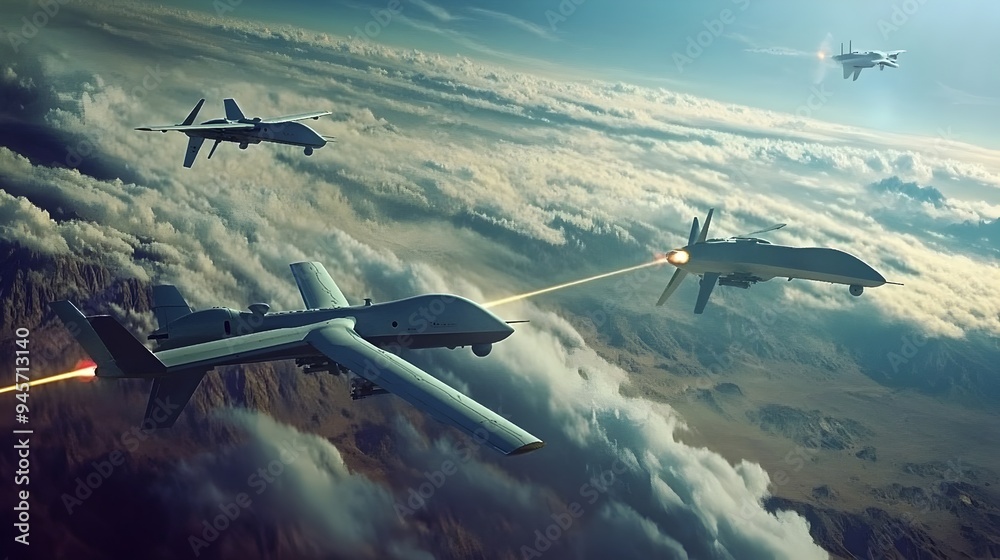 Fototapeta premium Anti Drone Defense System Tracking Multiple Futuristic Aerial Targets in the Sky