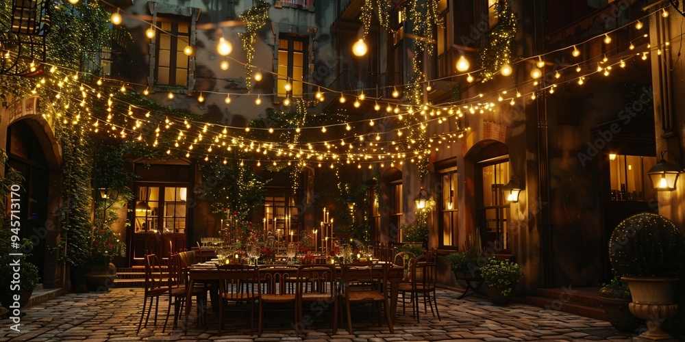 Dinner event in historic courtyard, Outdoor dinner party in historic courtyard Dinner event in historic courtyard, Outdoor dinner party in historic courtyard