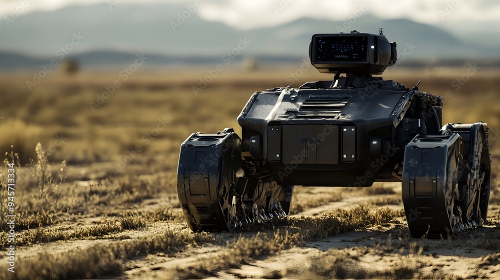 Autonomous Military Robot Patrolling Rugged Battlefield Landscape Autonomous Military Robot Patrolling Rugged Battlefield Landscape