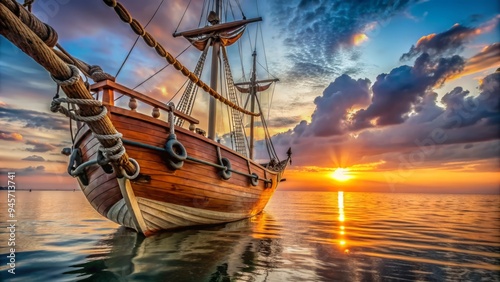 A majestic wooden sailing ship's intricately carved front bow, adorned with ornate details, anchors, and ropes, set against a serene ocean backdrop at sunrise. photo