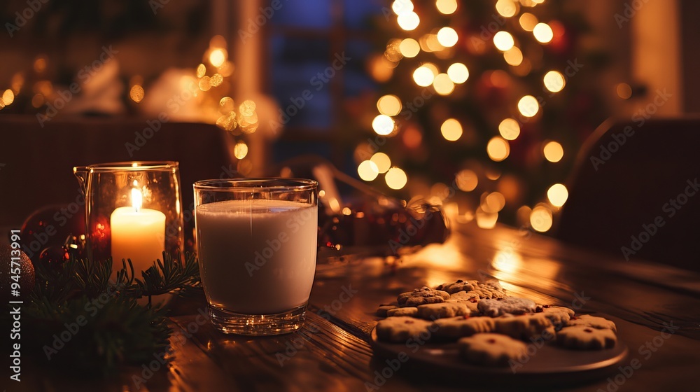 Cozy Christmas ambiance at night, with a glass of milk and cookies ready for Santa Claus. The warm and inviting atmosphere creates a magical and cheerful setting for the festive season. Cozy Christmas ambiance at night, with a glass of milk and cookies ready for Santa Claus. The warm and inviting atmosphere creates a magical and cheerful setting for the festive season.
