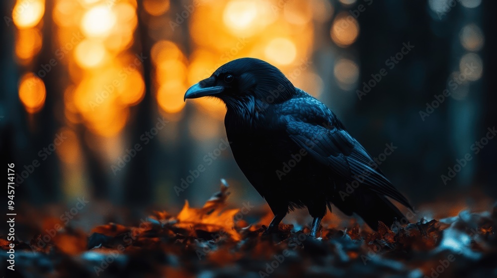 Fototapeta premium Solitary Raven in Enchanted Forest at Sunrise with Golden Light and Autumn Leaves