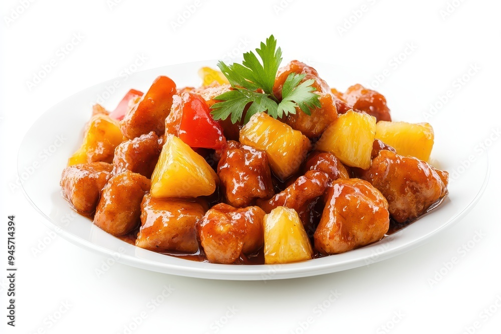 A plate of sweet and sour chicken with pineapple and bell peppers. A plate of sweet and sour chicken with pineapple and bell peppers.