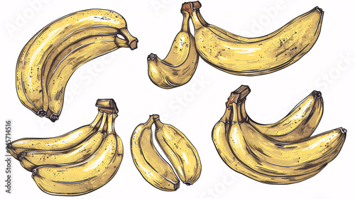 set of realistic yellow bananas hand drawn png illustration, banana painting graphic element, book illustration style photo