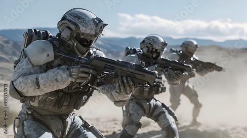 Elite Military Soldiers in Exoskeleton Suits Conducting Tactical Desert