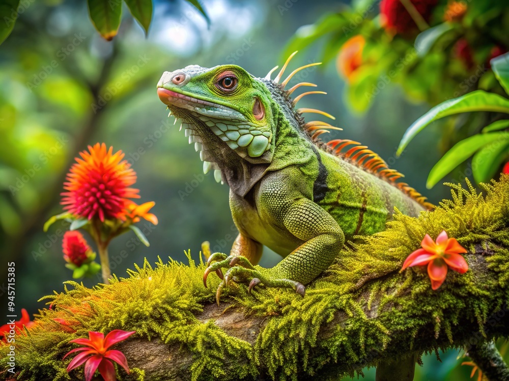 Obraz premium Vibrant green iguana perches on a moss-covered branch in a lush rainforest, surrounded by exotic plants and flowers in Costa Rica's vibrant tropical ecosystem.