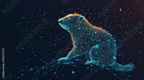 An abstract representation of a groundhog depicted as a starry sky or cosmic scene. The groundhog is formed from points, lines, and shapes that resemble planets, stars, and the universe.