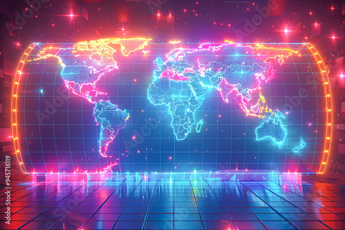 Neon world map glowing on digital background for global business