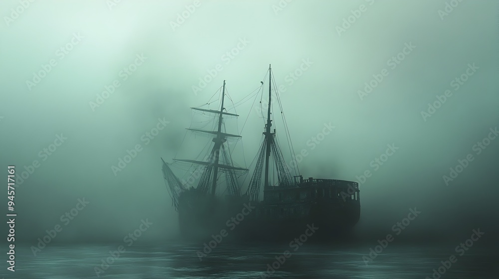 Ghostly Antique Sailing Ship Adrift in Misty Ocean Expanse Ghostly Antique Sailing Ship Adrift in Misty Ocean Expanse